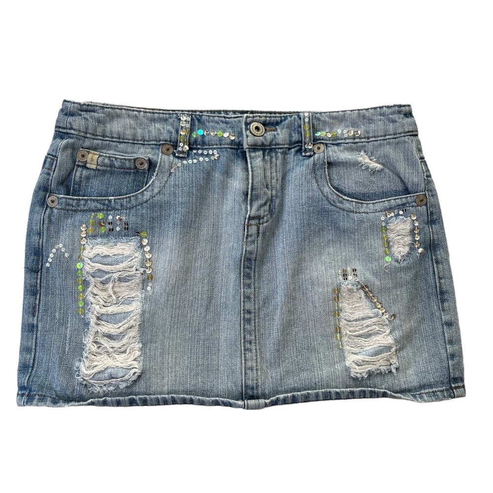 Z. CAVARICCI Junior’s 5 Light Wash Denim Distressed Sequins, Y2K Jean Mini Skirt